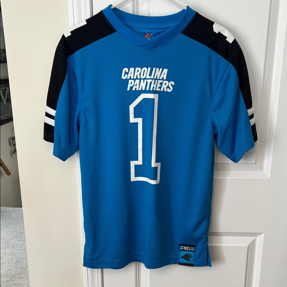 Majestic NFL Carolina Panthers #1 Cam Newton Blue and Black Jersey